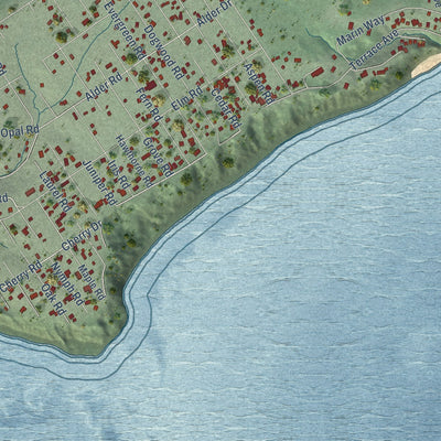 Close-up of the map of Bolinas, California print showing street and building detail