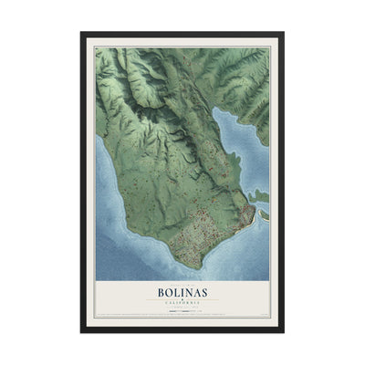Map of Bolinas, California, 12 x 18 inch print in a black wood frame