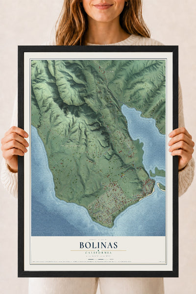 Map of Bolinas, California, 18 x 24 inch print in a black wood frame