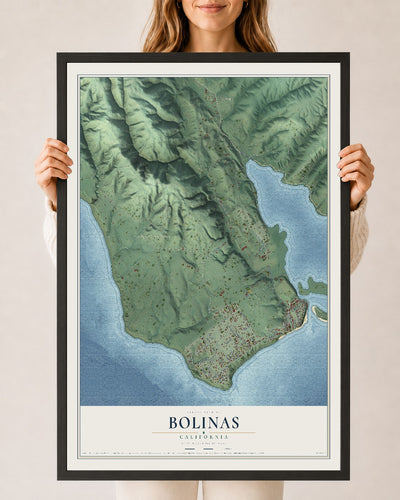 Map of Bolinas, California, 24 x 36 inch print in a black wood frame