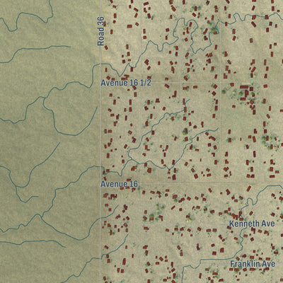 Second close-up of the map of Bonadelle Ranchos, California print showing more streets and buildings