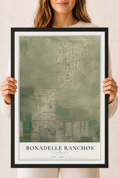 Map of Bonadelle Ranchos, California, 18 x 24 inch print in a black wood frame
