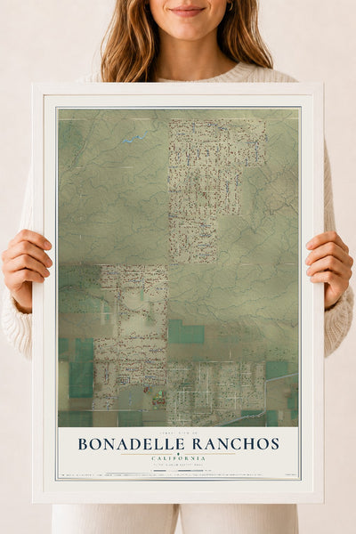 Map of Bonadelle Ranchos, California, 18 x 24 inch print in a white wood frame