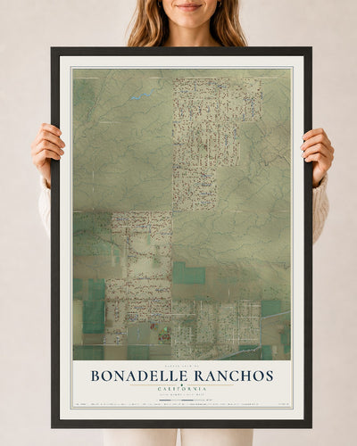 Map of Bonadelle Ranchos, California, 24 x 36 inch print in a black wood frame