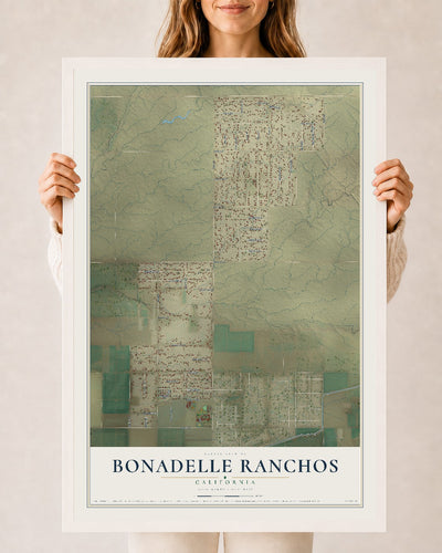 Map of Bonadelle Ranchos, California, 24 x 36 inch print in a white wood frame