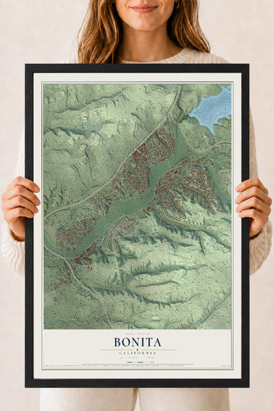 Map of Bonita, California, 18 x 24 inch print in a black wood frame