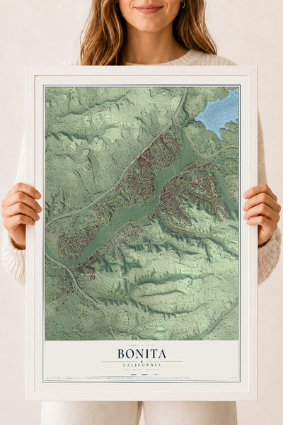 Map of Bonita, California, 18 x 24 inch print in a white wood frame