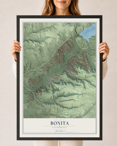 Map of Bonita, California, 24 x 36 inch print in a black wood frame
