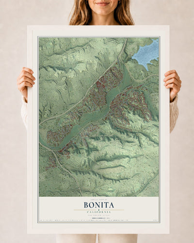 Map of Bonita, California, 24 x 36 inch print in a white wood frame