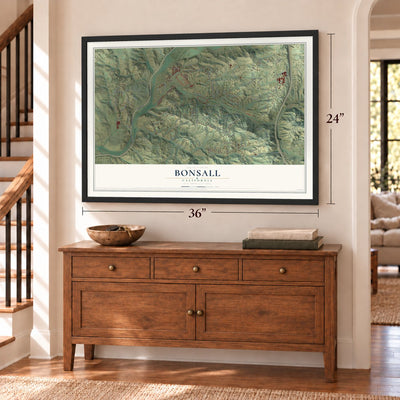 Bonsall, California map, 24 x 36 inch print in a black frame above a dresser by a staircase