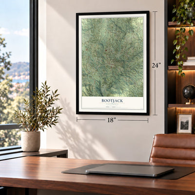 Bootjack, California map, 18 x 24 inch print in a black frame in a home office