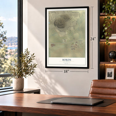 Boron, California map, 18 x 24 inch print in a black frame in a home office