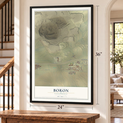 Boron, California map, 24 x 36 inch print in a black frame by a staircase