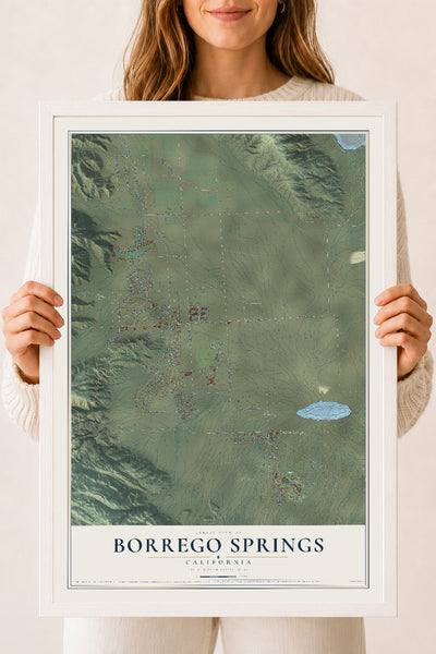 Map of Borrego Springs, California, 18 x 24 inch print in a white wood frame