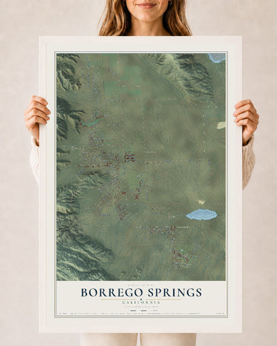 Map of Borrego Springs, California, 24 x 36 inch print in a white wood frame