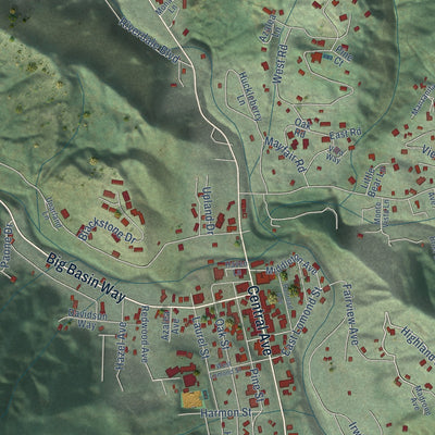 Close-up of the map of Boulder Creek, California print showing street and building detail