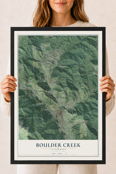 Map of Boulder Creek, California, 18 x 24 inch print in a black wood frame