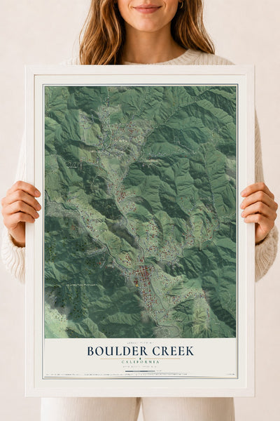 Map of Boulder Creek, California, 18 x 24 inch print in a white wood frame