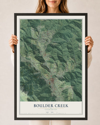Map of Boulder Creek, California, 24 x 36 inch print in a black wood frame