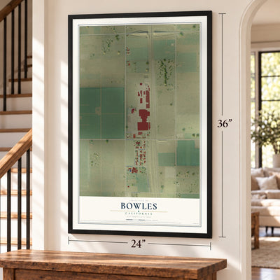 Bowles, California map, 24 x 36 inch print in a black frame by a staircase