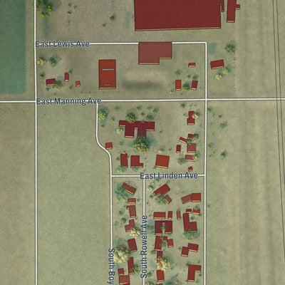 Close-up of the map of Bowles, California print showing street and building detail