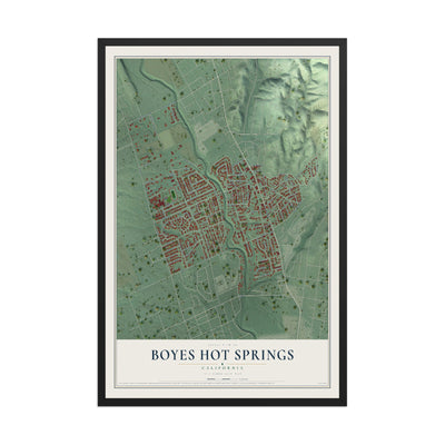 Map of Boyes Hot Springs, California, 12 x 18 inch print in a black wood frame