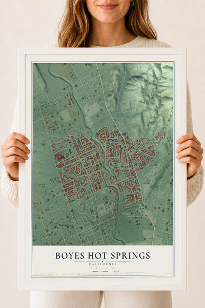 Map of Boyes Hot Springs, California, 18 x 24 inch print in a white wood frame