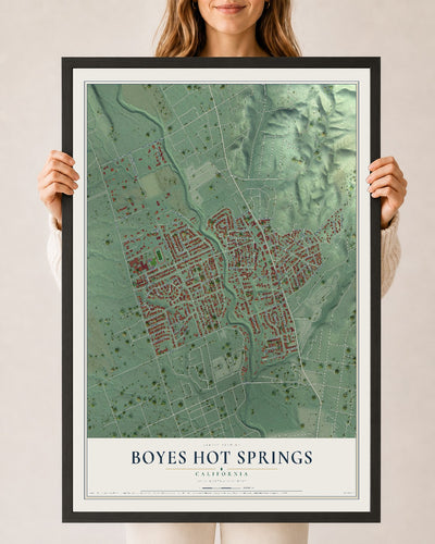 Map of Boyes Hot Springs, California, 24 x 36 inch print in a black wood frame