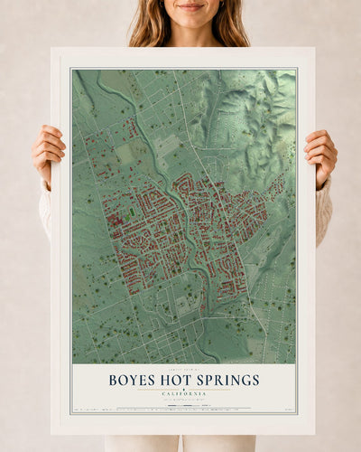 Map of Boyes Hot Springs, California, 24 x 36 inch print in a white wood frame