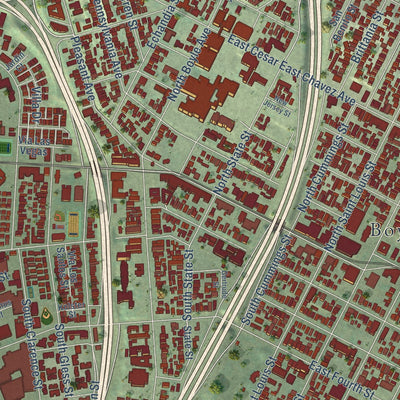 Second close-up of the map of Boyle Heights, California print showing more streets and buildings