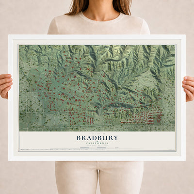 Map of Bradbury, California, 18 x 24 inch print in a white wood frame