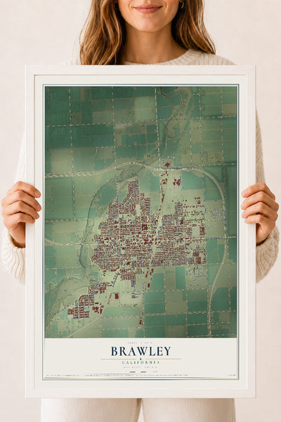 Map of Brawley, California, 18 x 24 inch print in a white wood frame