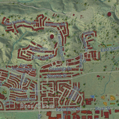 Second close-up of the map of Brea, California print showing more streets and buildings
