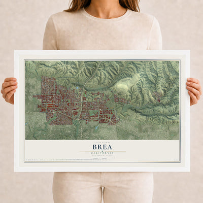 Map of Brea, California, 12 x 18 inch print in a white wood frame