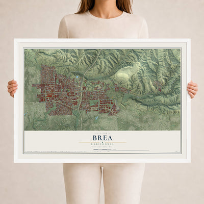 Map of Brea, California, 24 x 36 inch print in a white wood frame