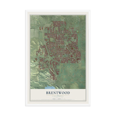 Map of Brentwood, California, 12 x 18 inch print in a white wood frame