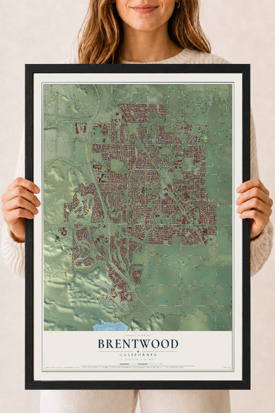 Map of Brentwood, California, 18 x 24 inch print in a black wood frame