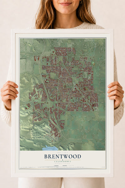 Map of Brentwood, California, 18 x 24 inch print in a white wood frame