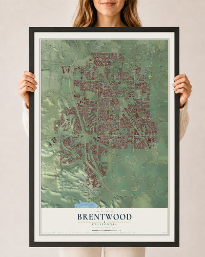 Map of Brentwood, California, 24 x 36 inch print in a black wood frame