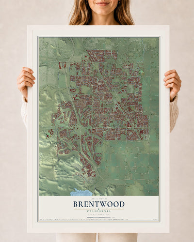 Map of Brentwood, California, 24 x 36 inch print in a white wood frame