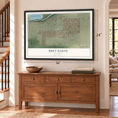 Bret Harte, California map, 24 x 36 inch print in a black frame above a dresser by a staircase