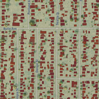 Close-up of the map of Bret Harte, California print showing street and building detail
