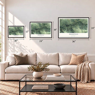 Bridgeville, California map in 12 x 18, 18 x 24 and 24 x 36 inch sizes above a sofa