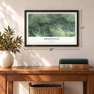 Bridgeville, California map, 12 x 18 inch print in a black frame in an entryway