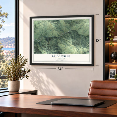 Bridgeville, California map, 18 x 24 inch print in a black frame in a home office