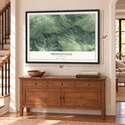 Bridgeville, California map, 24 x 36 inch print in a black frame above a dresser by a staircase