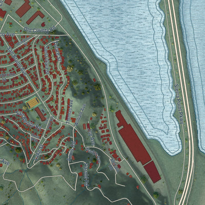 Close-up of the map of Brisbane, California print showing street and building detail