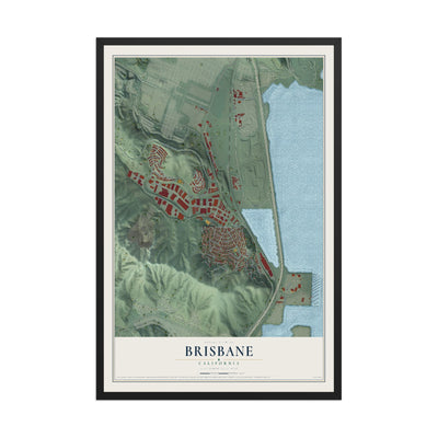 Map of Brisbane, California, 12 x 18 inch print in a black wood frame