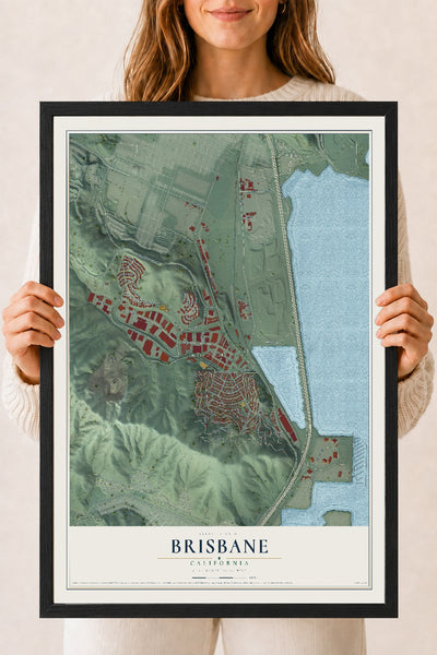 Map of Brisbane, California, 18 x 24 inch print in a black wood frame