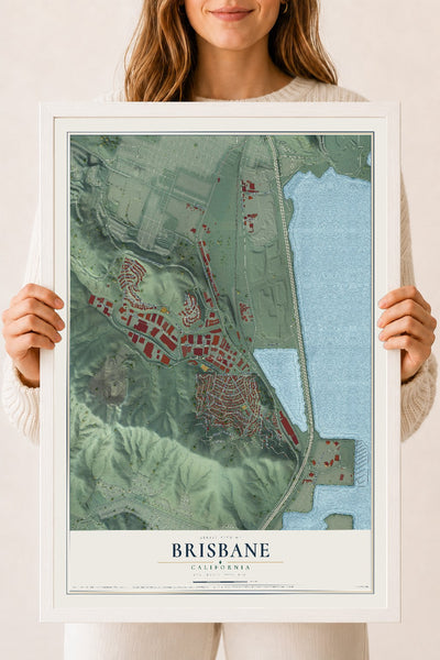 Map of Brisbane, California, 18 x 24 inch print in a white wood frame